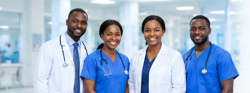 A team of Nigerian doctors and nurses standing together in a clinical setting
